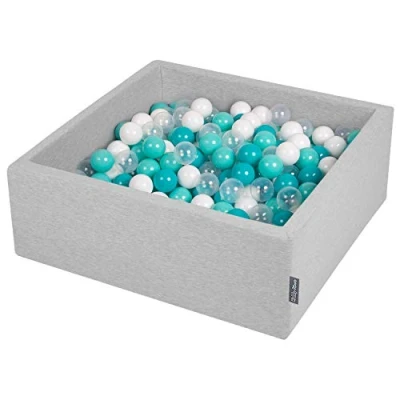 Afbeelding van KiddyMoon Ballenbad voor baby&#039;s, vierkant, diameter 90 cm x 30 hoogte/200 ballen Ø 7 gemaakt in de EU, lichtgrijs: lichtturquoise/wit/transparant/turquoise
