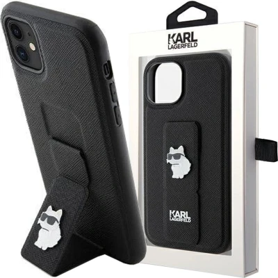 Afbeelding van Karl Lagerfeld Gripstand Saffiano Choupette Pins Case voor iPhone 11 / Xr Zwart