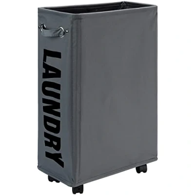 Afbeelding van 25 inch Slim Laundry Basket op wielen, opvouwbare rolling Hamper, smalle hoeken kleding opbergmanden (donkergrijs)