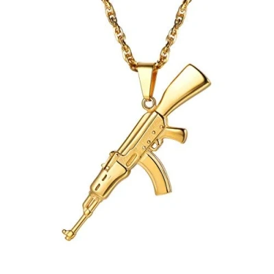 Afbeelding van Prosteel AK47/M16A4 heren halsketting, met hanger in de vorm van een legergeweer, Roestvrij staal en 18 K verguld, voor jongens, rockstijl, mode sieraad, 60 cm lange Singapore ketting, staal, Geen edelsteen
