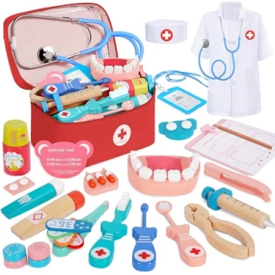Afbeelding van BUOAZR Dokterskoffer voor kinderen, speelgoed, tandartsset, 27 delig, met echte stethoscoop, thermometer, doktersjas en dokterstas, draagbaar, speelgoed cadeau kinderen vanaf 3 jaar