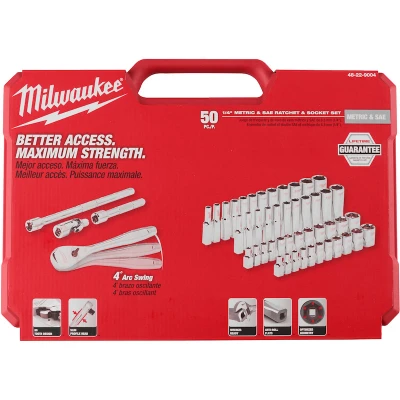 Afbeelding van Milwaukee Ratel + doppen set 1/4 50 pc Drive Ratchet. Dopsleutelset SAE Metric 4932464944