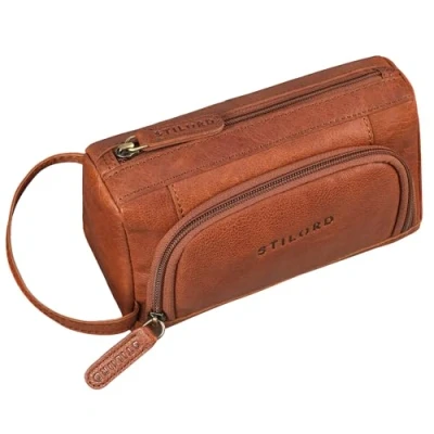 Afbeelding van STILORD Tony Vintage lederen etui grote maat met ritssluiting Astuccio Pelle pennenetui 2 vakken echt leer capaciteit, Maraska Bruin