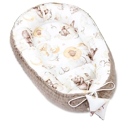 Afbeelding van Babybedverkleiner, 90 x 50 cm, Cocoon babynest voor babybed, katoen met minky, beer kaki