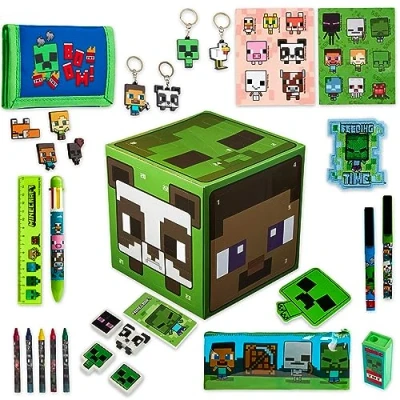 Afbeelding van Minecraft adventskalender 2023, voor kinderen, 24 verrassingen, schrijfwaren speelgoed, stickers, officieel, groene kubus