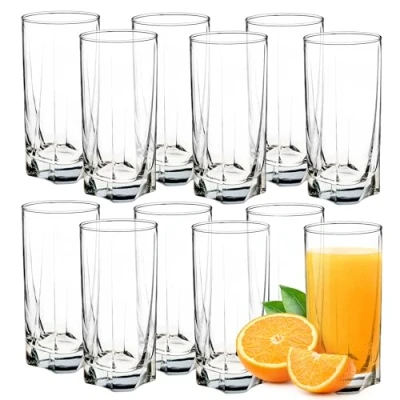 Afbeelding van KADAX Waterglazen, set van 12 dikwandige geribbelde glazen voor water, drankjes, sap, party, cocktailglazen, drankglazen, 380 ml hoog