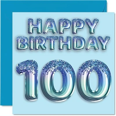 Afbeelding van Kaart voor de 100e verjaardag heren, blauwe glitterfeestballon, verjaardagskaarten 100 jaar, overgrootvader, opa,