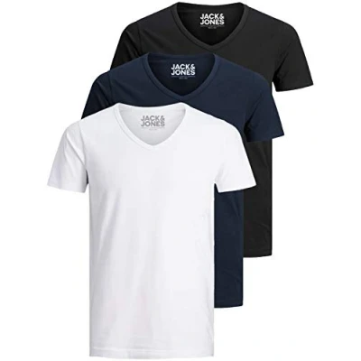 Afbeelding van Jack and Jones Basic T shirt voor heren, V hals, verpakking van 3 stuks, effen, slim fit, in wit, zwart, blauw, grijs, Kleur Mix 2, M