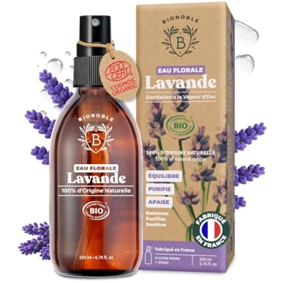 Image de BIONOBLE Hydrolat Lavande Bio Apaise, Purifie et Régule l&#039;Acné Spray pour Visage, Corps Cheveux Eau Florale 100% d&#039;Origine Naturelle, Fabriqué en France Flacon Verre 200ml