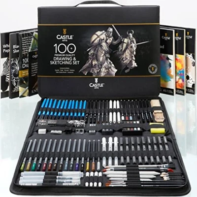 Afbeelding van Castle Art Supplies Set van 100 teken en schetsen, potloden, grafietstokken, houtskool, pastels, metallic wateroplosbaar, fijne viltstiften, voor professionals kunstenaars, robuuste etui