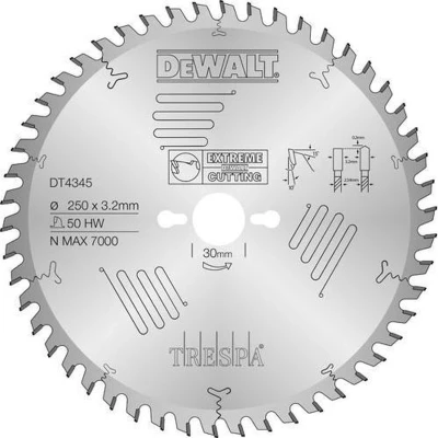 Afbeelding van DEWALT DT4345 QZ cirkelzaagblad TRESPA 250x30x50T, HT, positief 5, kerf 3,2mm