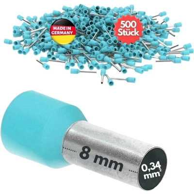Afbeelding van 500 stuks Kalitec AE03408TK adereindhulzen geïsoleerd 0,34 mm² 8 mm lang turkoois I Made in Germany Industriële kwaliteit