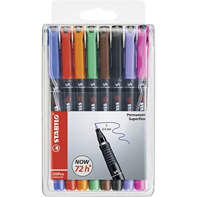 Image de STABILO feutre pour transparent OHPen universel, S, étui de 8, permanent, largeur tracé: 0,4 mm, grip antidérapant clip, peut rester ouvert jusqu&#039;à 3 jours,