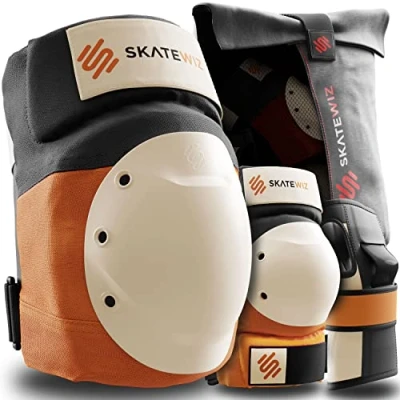 Afbeelding van SKATEWIZ SHIELD Inlineskates voor volwassenen, beschermers, kniebescherming, handbeschermer, skateboardbeschermingsuitrusting, maat L, in Sunrise Orange