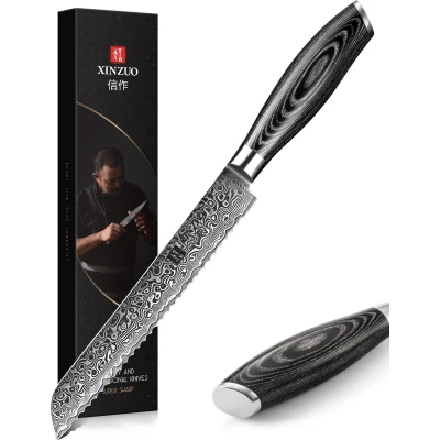 Afbeelding van Damascus 8&quot; Broodmes (67 lagen) Xinzuo B20 Luxe &amp; Professioneel Vlijmscherp staal 33.5 cm Keukenmes met lemmet van 20 Pakka houten handvat