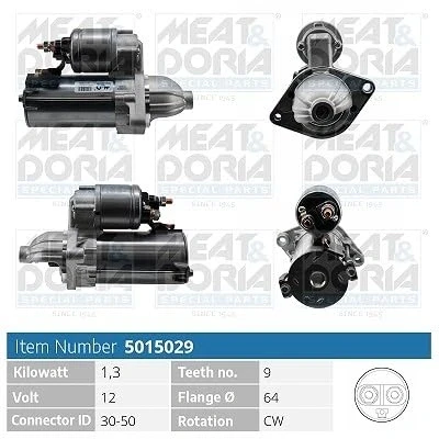 Afbeelding van MEAT &amp; DORIA 5015029 Startmotor 12V 1,3kw 9 30 50 64mm FIAT: Doblo II Box Body / Estate, I Cargo, 500 Hatchback, OPEL: Combo C Tour