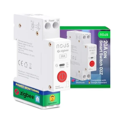 Afbeelding van Nous Zigbee DIN railschakelaar, 20 A, intelligente schakelaar met energiebewaking, compatibel Zigbee2MQTT, Home Assistant, Alexa &amp; Google Home, afstandsbediening via app, bediening