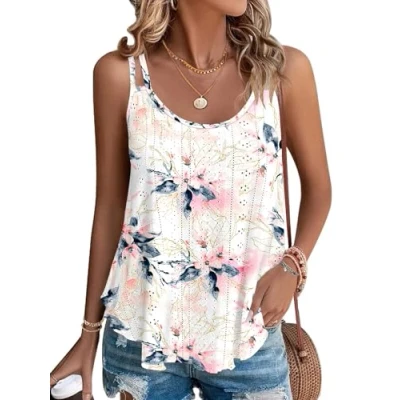 Afbeelding van WNEEDU Débardeur sans manches pour femme, coupe ample, style décontracté, l’été, Fleur rose blanche, L