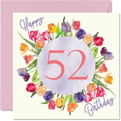 Afbeelding van Mooie verjaardagskaart voor vrouwen de 52e verjaardag boeket van aquarel tulpen haar, oma, mama, verjaardagscadeaus 145 mm x