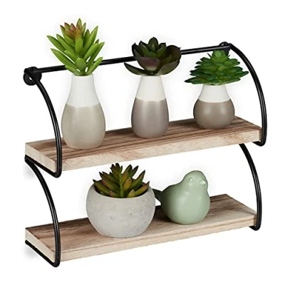 Afbeelding van Relaxdays wandrek industrieel wandplank houtlook hangrek muurrek 2 etages