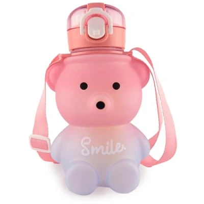 Afbeelding van Kikuo 800 ml schattige beer waterfles met rietje, Kawaii fles riem, waterdicht, draagbaar voor tieners, meisjes, school, reizen, kantoor (roze blauw)