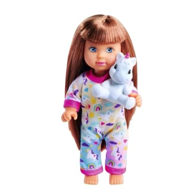 Afbeelding van Simba 105733685 Evi Love bijpassend vak, slechts één artikel wordt geleverd, pop in schattige pyjama met eenhoorn pluche, 12 cm pop, vanaf 3 jaar