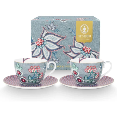 Afbeelding van Pip Studio Flower Festival Kop En Schotel 28 Cl Set Van 2 Blauwgrijs