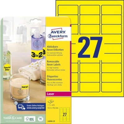 Afbeelding van Avery Afneembare Neon Etiketten Ft 63,5 X 29,6 Mm (b H), Doos Van 675 Stuks (25 Vel 27), Neongeel Etiket