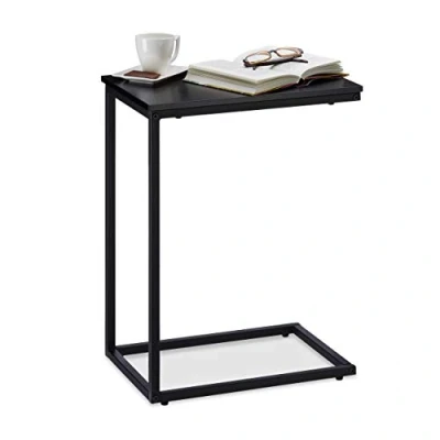 Afbeelding van Relaxdays C bijzettafel metaal salontafel houten tafelblad siertafel zwart 61cm hoog