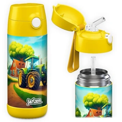 Afbeelding van Jarlson® CHARLI Drinkfles voor kinderen, roestvrij staal, 350 ml, getest, BPA vrij, lekvrij, met rietje, school, kleuterschool, tractor