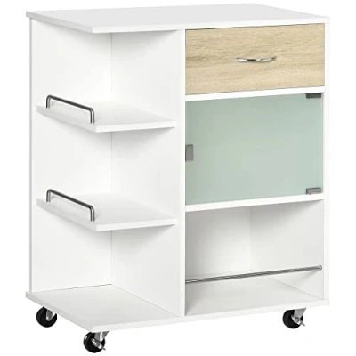 Afbeelding van HOMCOM Keukenwagen, serveerwagen, 360 draaibare wielen, planken met barrières, centrale keukeneiland, lade, planken, kast, 65 x 39 80 cm, wit