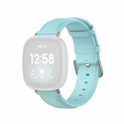 Afbeelding van Fitbit Versa 3/4 &amp; Sense 1/2 leren bandje Lichtblauw