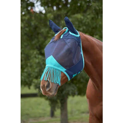 Image de Weatherbeeta Masque Anti Mouches Comfitec Deluxe Fine Mesh avec Oreilles et Franges Navy/Turquoise Full