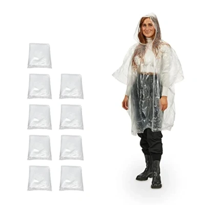 Afbeelding van Relaxdays regenponcho set van 10 uniseks met capuchon PE transparant