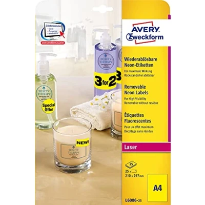 Afbeelding van Laseretiket Avery 210x297mm neongeel doos 25 vel 1 et. per