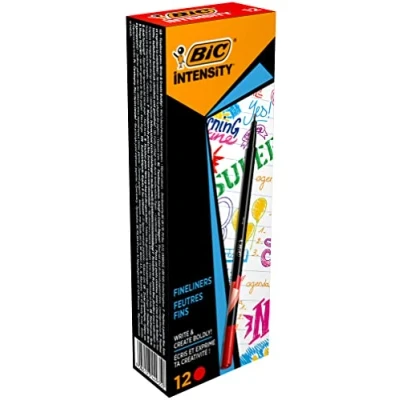 Image de BIC Intensity Stylo Feutre d&#039;écriture Pointe Fine et Corps Noir Verni Rouge intense, Boîte de 12