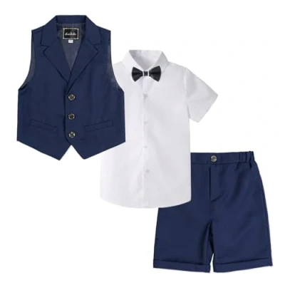 Afbeelding van LOLANTA 4 delige kinderkostuumset, zomer bruiloftskostuum voor jongens, overhemd met korte mouwen, vlinderdas, vest, shorts,, Donkerblauw