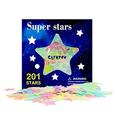 Afbeelding van CAYUDEN lichtgevende sterren, 201 stuks, kleurstickers, decoratie voor kinderen, slaapkamer, Glow in the Dark feestdecoratie, glanzende sterren plafond