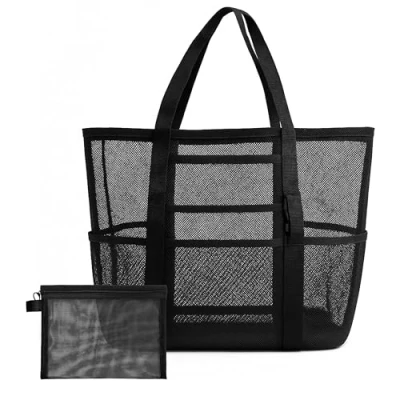 Afbeelding van FZSECRIU 1 sac de plage XXL + en maille filet cosmétique, plage, bain, familial, grand piscine, Noir