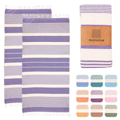 Afbeelding van MOMOMUS Set van 2 XL stranddoeken of strandhanddoeken katoen, absorberend, zacht, compact, pareo en strandlaken katoen voor sauna, spa zwembad, lila, 90 x 180 cm