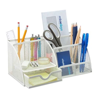 Afbeelding van Relaxdays pennenbakje metaal bureau organizer pennenbak pennenhouder lade staal