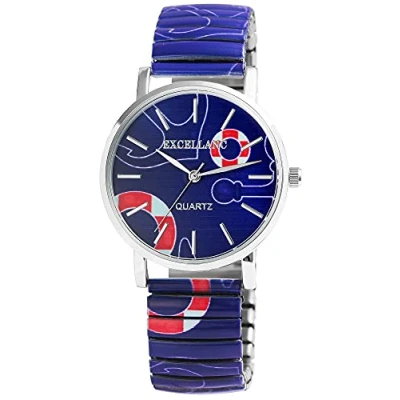 Afbeelding van Excellanc 1700060 Dameshorloge, roestvrij staal, analoog, kwarts, diameter 36 mm, kleurrijk bedrukt motief, Blauw, Armband