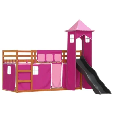Image de vidaXL Lit superposé avec toboggan et rideaux rose 90x200 cm