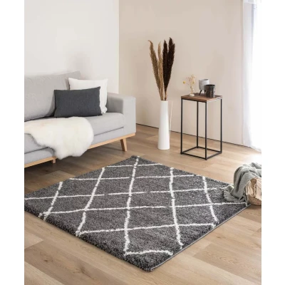 Afbeelding van Vierkant Hoogpolig Vloerkleed Ruiten Artisan Grijs/wit 140x140 Cm