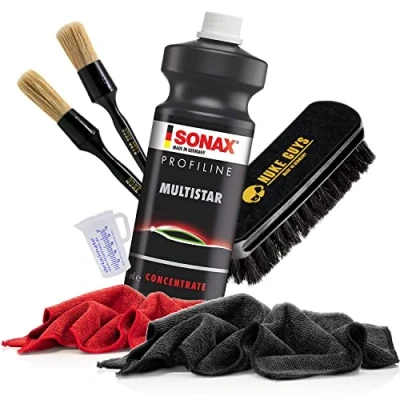 Afbeelding van detailmate Sonax ProfiLine MultiStar multifunctionele reinigingsset, 1 liter, Nuke Guys Small &amp; Large reinigingsborstel + textielborstel 2 hoogwaardige microvezeldoeken 320 g/m² glas