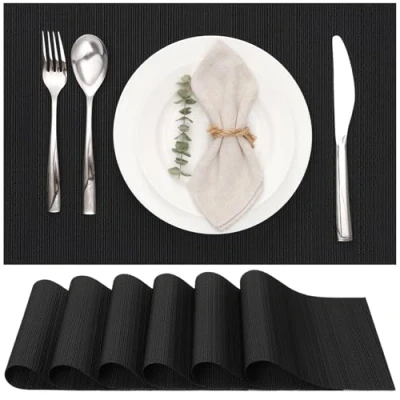 Afbeelding van Myir JUN Placemat, 6 stuks, wasbaar, hittebestendig, antislip, geweven, placemats, pvc, vinyl, voor keuken, eettafel, 30 x 45 cm (zwart)