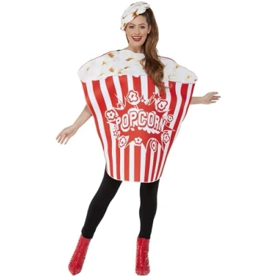 Afbeelding van Smiffys Alles in één rood wit popcornkostuum en hoed, grappig kostuum voor eten drinken