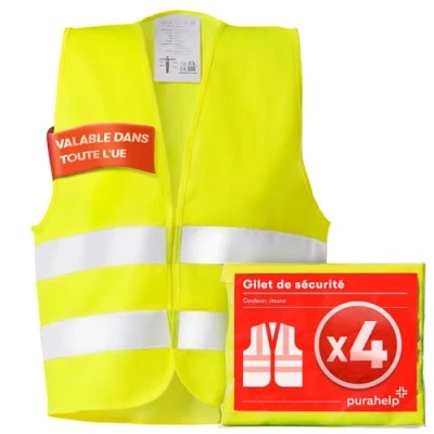 Afbeelding van PURAHELP Hoge fluo hesje volwassenen set van 4 Geldig in heel Europa volgens EN ISO 20471 Veiligheidshesjes voor Auto Veiligheidsvest Geel