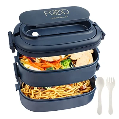 Afbeelding van OITUGG lunchbox Volwassenen: 2 laags Bento Box 1550 ml voor mannen vrouw 3 vaks met bestek BPA vrije plastic geschikt kantoorschool magnetronbestendig vaatwasmachinebestendig (blauw)