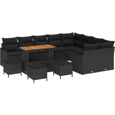 Afbeelding van vidaXL 13 delige Tuin Sofa Set met Kussens Zwart Poly Rattan Acacia, 2 zits Opslag &amp; Rattan, 4 Eetset Acacia